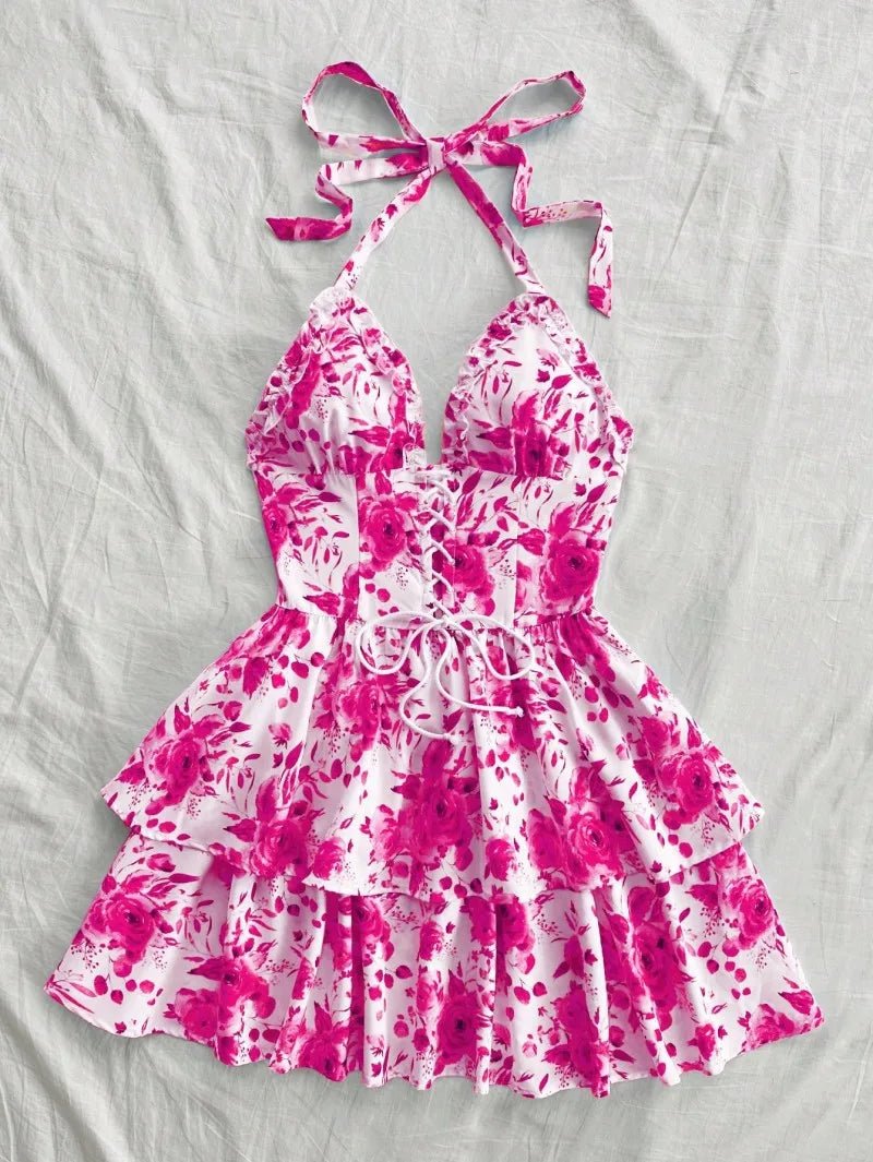 Women's Watercolor Style Retro Short Dress Rose Print Halter Lace - up Ruffled - American Thistle Women's Watercolor Style Retro Short Dress Rose Print Halter Lace - up Ruffled