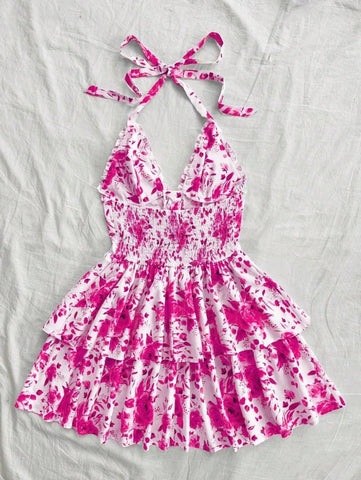 Women's Watercolor Style Retro Short Dress Rose Print Halter Lace - up Ruffled - American Thistle Women's Watercolor Style Retro Short Dress Rose Print Halter Lace - up Ruffled