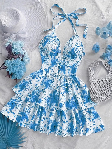 Women's Watercolor Style Retro Short Dress Rose Print Halter Lace - up Ruffled - American Thistle Women's Watercolor Style Retro Short Dress Rose Print Halter Lace - up Ruffled