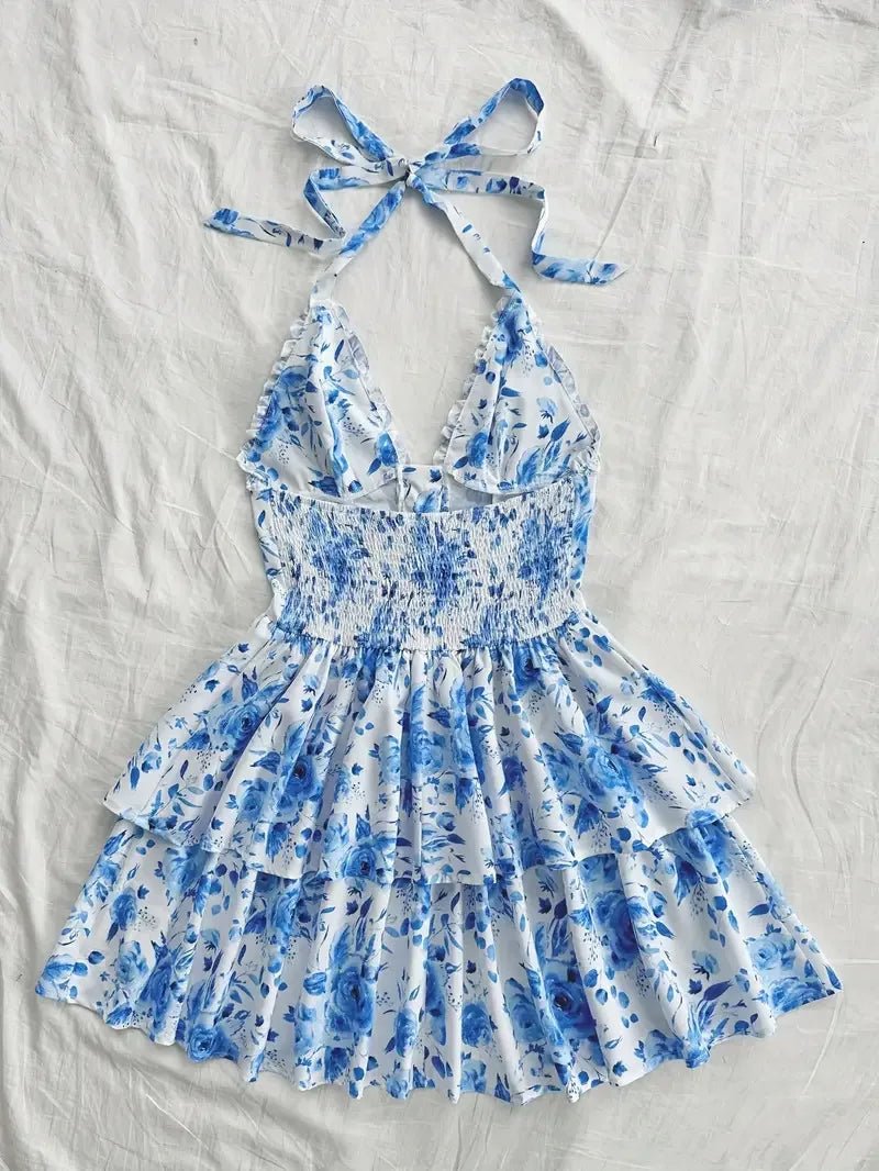 Women's Watercolor Style Retro Short Dress Rose Print Halter Lace - up Ruffled - American Thistle Women's Watercolor Style Retro Short Dress Rose Print Halter Lace - up Ruffled