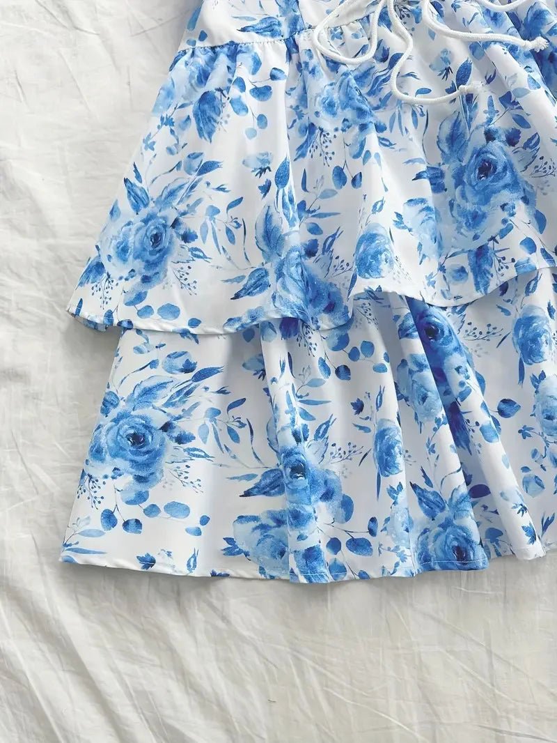 Women's Watercolor Style Retro Short Dress Rose Print Halter Lace - up Ruffled - American Thistle Women's Watercolor Style Retro Short Dress Rose Print Halter Lace - up Ruffled