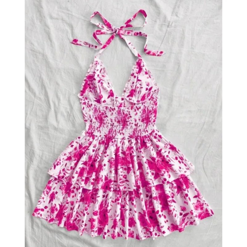 Women's Watercolor Style Retro Short Dress Rose Print Halter Lace - up Ruffled - American Thistle Women's Watercolor Style Retro Short Dress Rose Print Halter Lace - up Ruffled