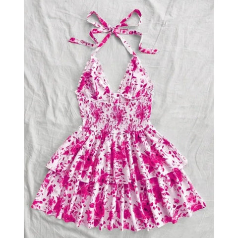 Women's Watercolor Style Retro Short Dress Rose Print Halter Lace - up Ruffled - American Thistle Women's Watercolor Style Retro Short Dress Rose Print Halter Lace - up Ruffled