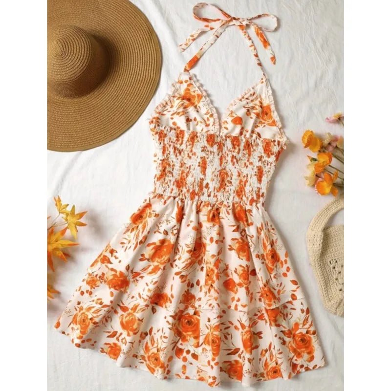 Women's Watercolor Style Retro Short Dress Rose Print Halter Lace - up Ruffled - American Thistle Women's Watercolor Style Retro Short Dress Rose Print Halter Lace - up Ruffled