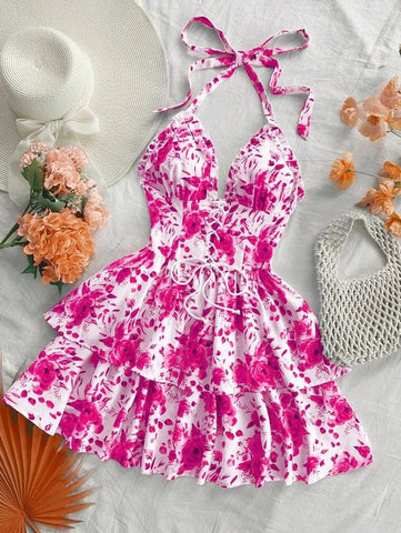 Women's Watercolor Style Retro Short Dress Rose Print Halter Lace - up Ruffled - American Thistle Women's Watercolor Style Retro Short Dress Rose Print Halter Lace - up Ruffled