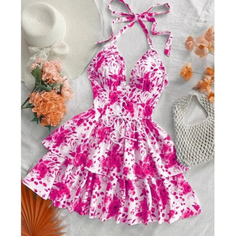 Women's Watercolor Style Retro Short Dress Rose Print Halter Lace - up Ruffled - American Thistle Women's Watercolor Style Retro Short Dress Rose Print Halter Lace - up Ruffled