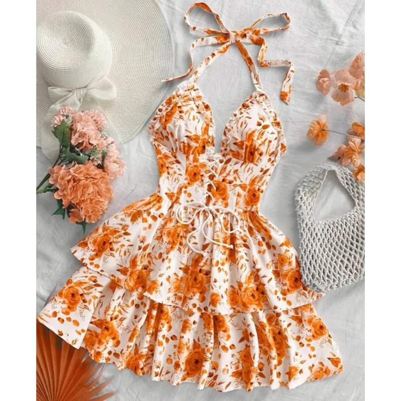 Women's Watercolor Style Retro Short Dress Rose Print Halter Lace - up Ruffled - American Thistle Women's Watercolor Style Retro Short Dress Rose Print Halter Lace - up Ruffled