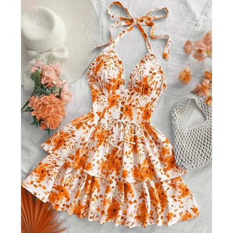 Women's Watercolor Style Retro Short Dress Rose Print Halter Lace - up Ruffled - American Thistle Women's Watercolor Style Retro Short Dress Rose Print Halter Lace - up Ruffled