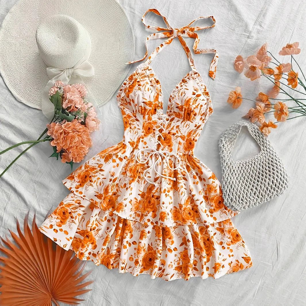 Women's Watercolor Style Retro Short Dress Rose Print Halter Lace - up Ruffled - American Thistle Women's Watercolor Style Retro Short Dress Rose Print Halter Lace - up Ruffled