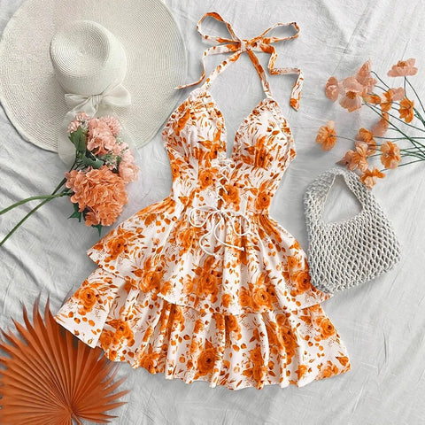 Women's Watercolor Style Retro Short Dress Rose Print Halter Lace - up Ruffled - American Thistle Women's Watercolor Style Retro Short Dress Rose Print Halter Lace - up Ruffled