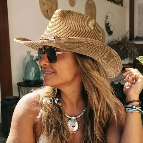 Women's wide - brimmed western cowboy hat stylish jazz hat, summer beach sun hat carrying a windbreak rope - American ThistleWomen's wide - brimmed western cowboy hat stylish jazz hat, summer beach sun hat carrying a windbreak rope