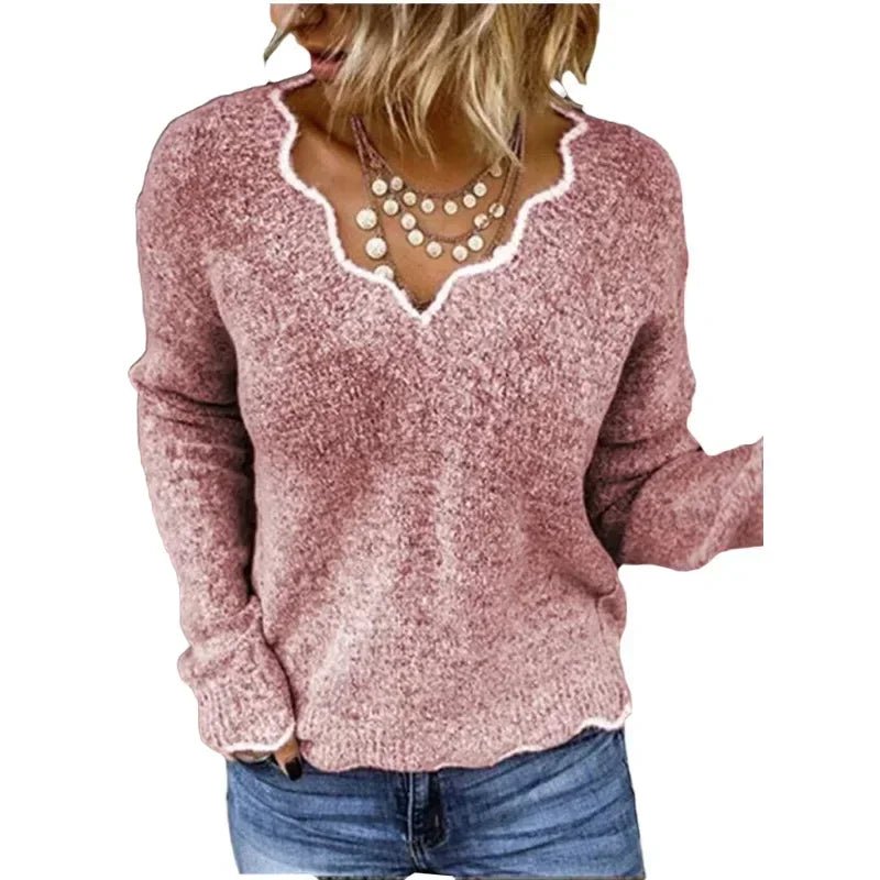 Women's Winter Solid Color Long Sleeved V - neck Knitted Cute Pullover Loose Sweater - American Thistle Women's Winter Solid Color Long Sleeved V - neck Knitted Cute Pullover Loose Sweater
