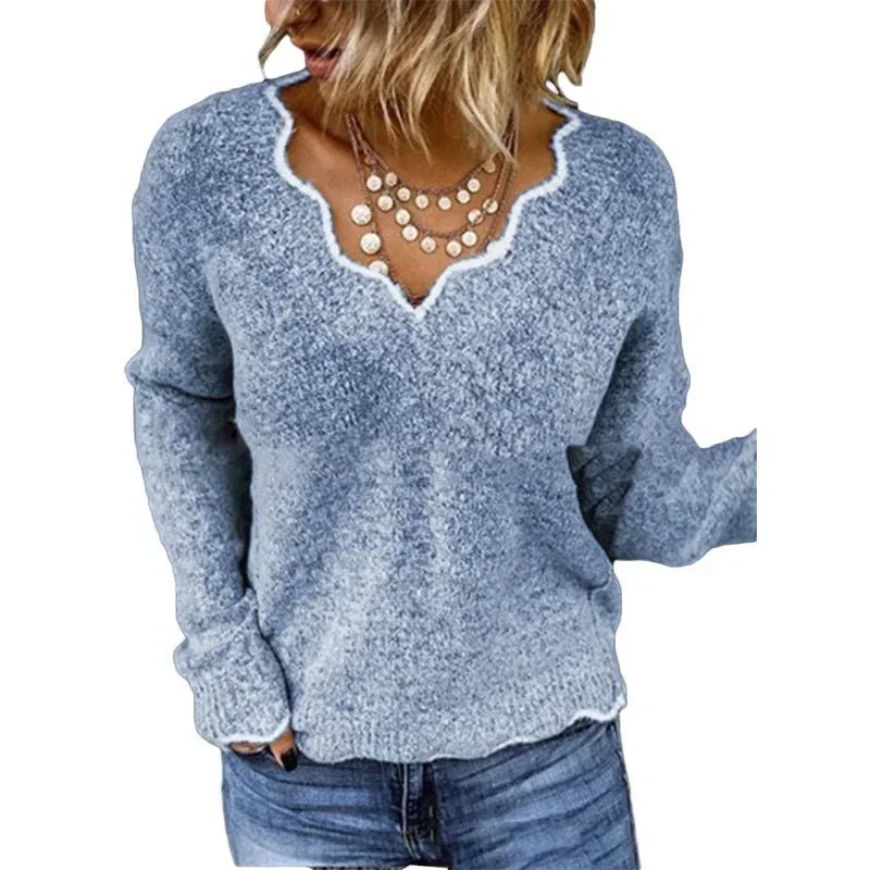 Women's Winter Solid Color Long Sleeved V - neck Knitted Cute Pullover Loose Sweater - American Thistle Women's Winter Solid Color Long Sleeved V - neck Knitted Cute Pullover Loose Sweater