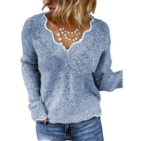 Women's Winter Solid Color Long Sleeved V - neck Knitted Cute Pullover Loose Sweater - American Thistle Women's Winter Solid Color Long Sleeved V - neck Knitted Cute Pullover Loose Sweater