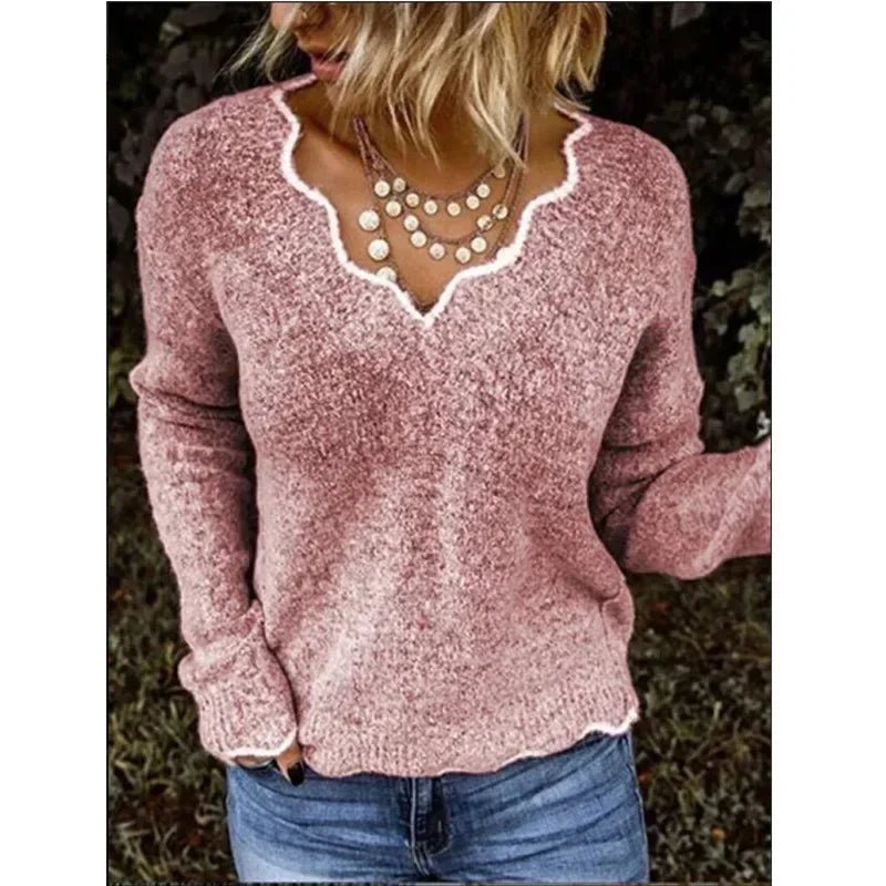 Women's Winter Solid Color Long Sleeved V - neck Knitted Cute Pullover Loose Sweater - American Thistle Women's Winter Solid Color Long Sleeved V - neck Knitted Cute Pullover Loose Sweater