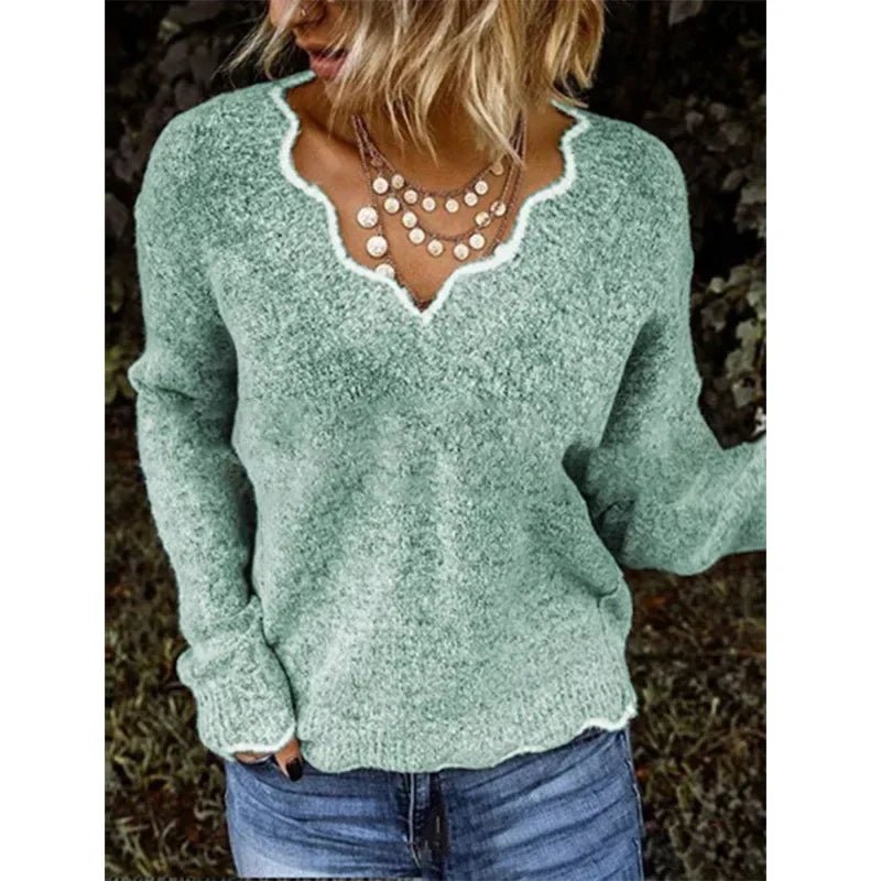 Women's Winter Solid Color Long Sleeved V - neck Knitted Cute Pullover Loose Sweater - American Thistle Women's Winter Solid Color Long Sleeved V - neck Knitted Cute Pullover Loose Sweater