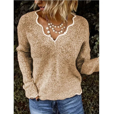 Women's Winter Solid Color Long Sleeved V - neck Knitted Cute Pullover Loose Sweater - American Thistle Women's Winter Solid Color Long Sleeved V - neck Knitted Cute Pullover Loose Sweater