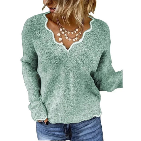 Women's Winter Solid Color Long Sleeved V - neck Knitted Cute Pullover Loose Sweater - American Thistle Women's Winter Solid Color Long Sleeved V - neck Knitted Cute Pullover Loose Sweater
