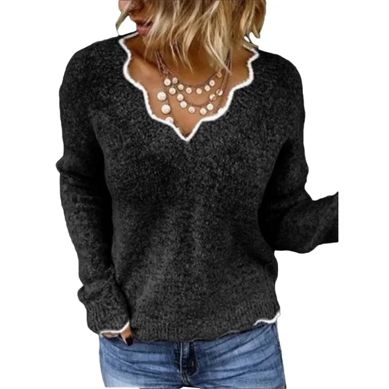 Women's Winter Solid Color Long Sleeved V - neck Knitted Cute Pullover Loose Sweater - American Thistle Women's Winter Solid Color Long Sleeved V - neck Knitted Cute Pullover Loose Sweater