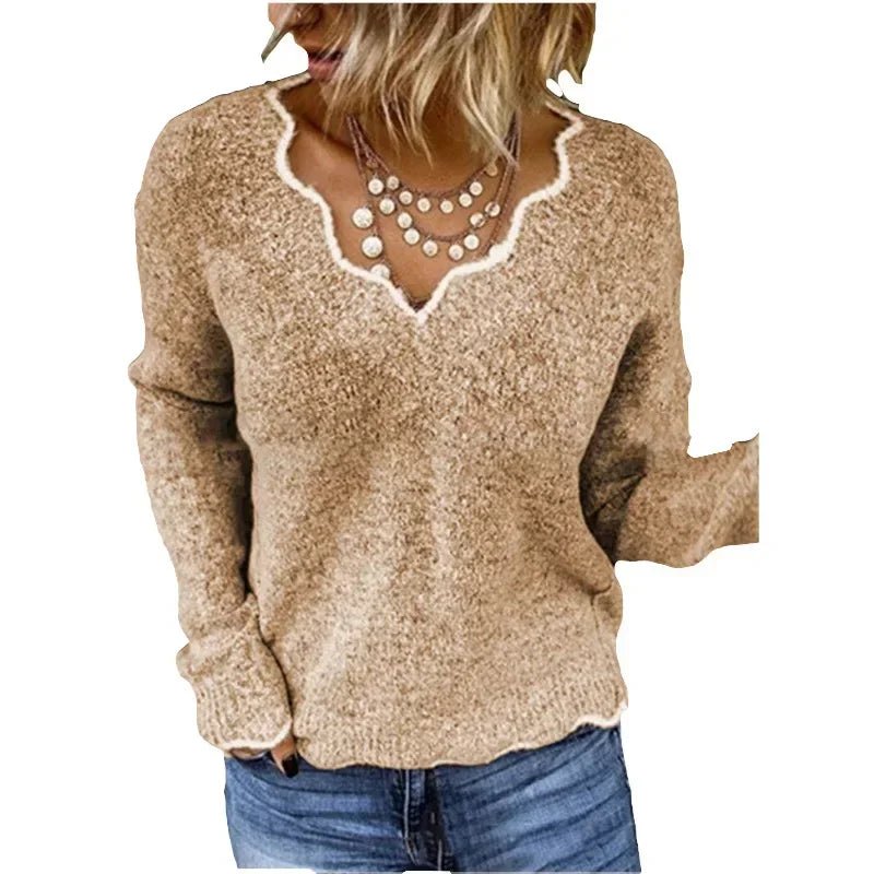 Women's Winter Solid Color Long Sleeved V - neck Knitted Cute Pullover Loose Sweater - American Thistle Women's Winter Solid Color Long Sleeved V - neck Knitted Cute Pullover Loose Sweater