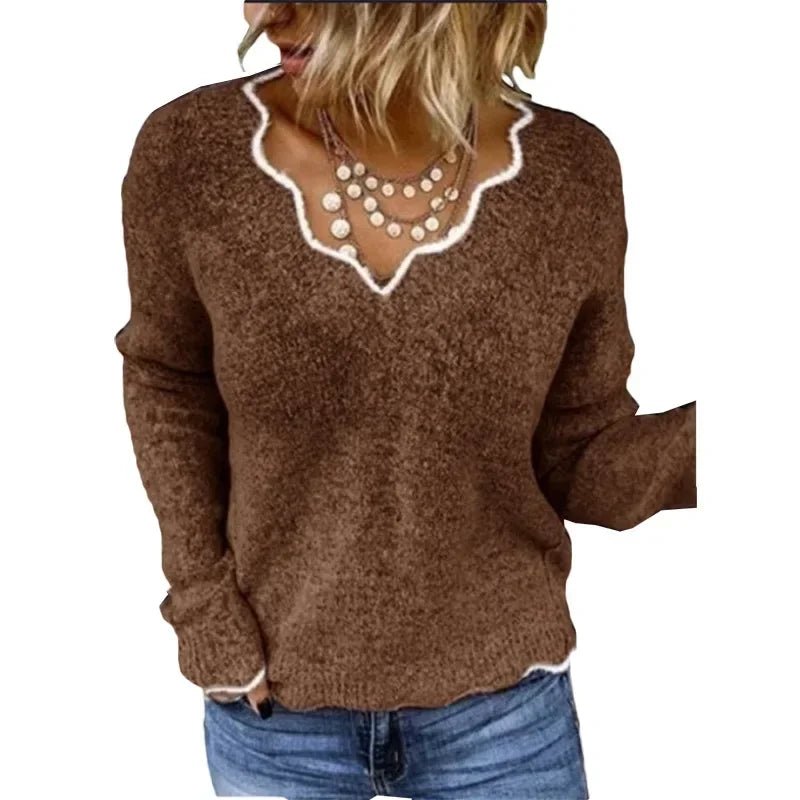 Women's Winter Solid Color Long Sleeved V - neck Knitted Cute Pullover Loose Sweater - American Thistle Women's Winter Solid Color Long Sleeved V - neck Knitted Cute Pullover Loose Sweater