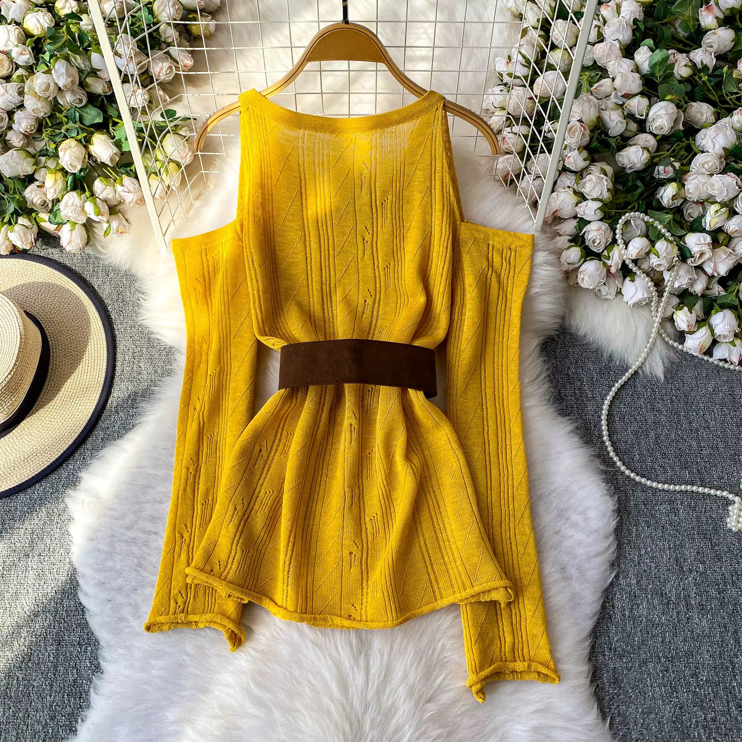 yellow Slimming Knitted Long-Sleeve Pullover with Belt Design for Women Autumn 7