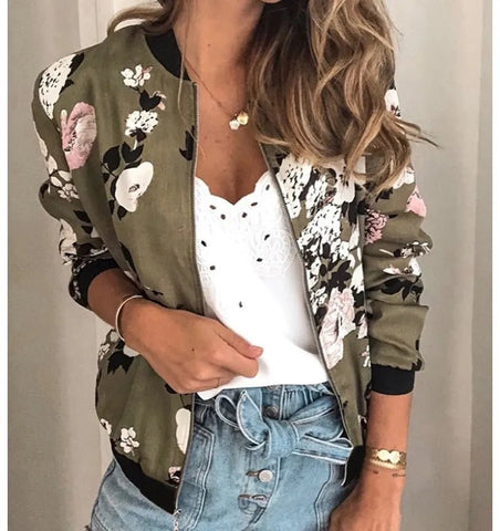 Zipper Bomber Jacket Spring Autumn Floral Printed Jackets Office Wear Slim Office Coat Retro Outwear - American Thistle Zipper Bomber Jacket Spring Autumn Floral Printed Jackets Office Wear Slim Office Coat Retro Outwear