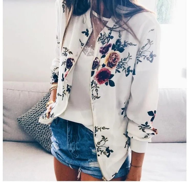 Zipper Bomber Jacket Spring Autumn Floral Printed Jackets Office Wear Slim Office Coat Retro Outwear - American Thistle Zipper Bomber Jacket Spring Autumn Floral Printed Jackets Office Wear Slim Office Coat Retro Outwear