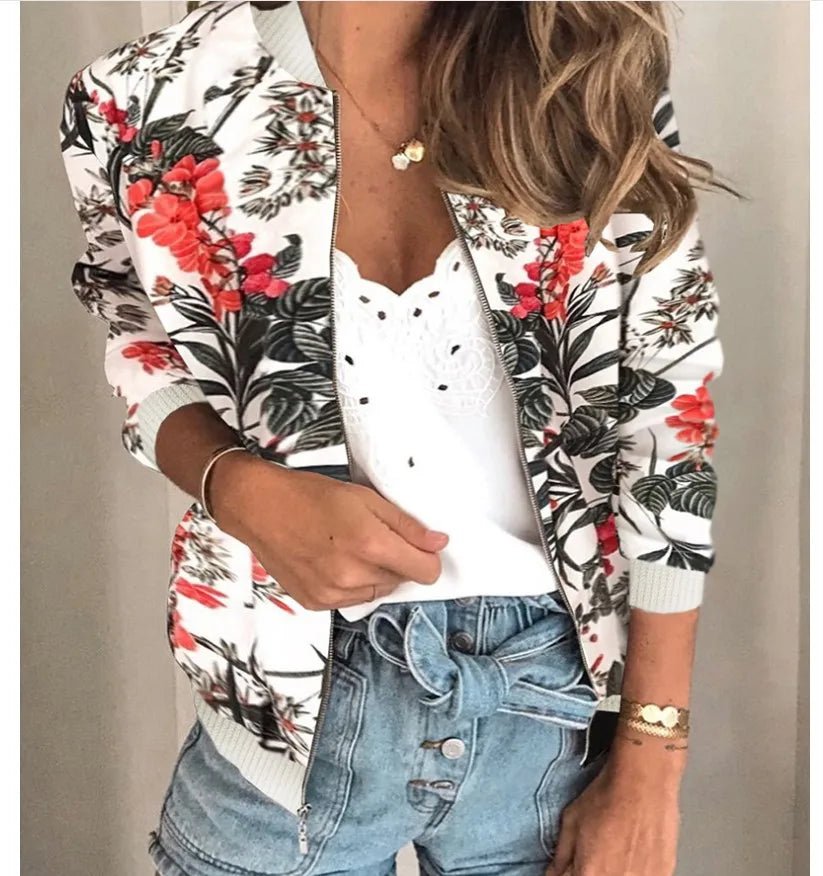 Zipper Bomber Jacket Spring Autumn Floral Printed Jackets Office Wear Slim Office Coat Retro Outwear - American Thistle Zipper Bomber Jacket Spring Autumn Floral Printed Jackets Office Wear Slim Office Coat Retro Outwear