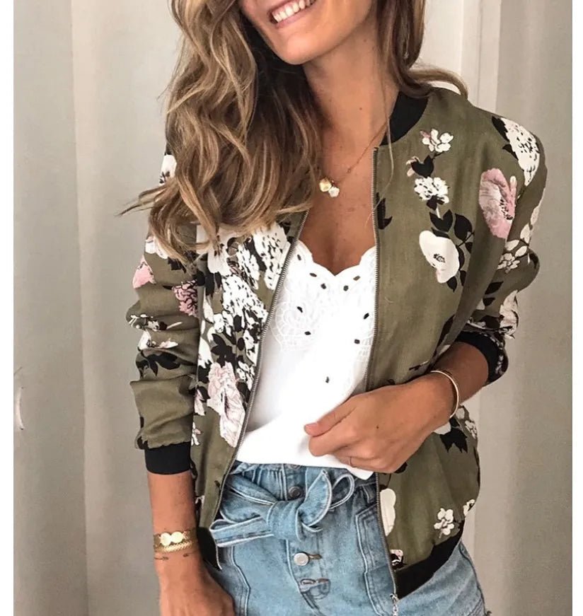 Zipper Bomber Jacket Spring Autumn Floral Printed Jackets Office Wear Slim Office Coat Retro Outwear - American Thistle Zipper Bomber Jacket Spring Autumn Floral Printed Jackets Office Wear Slim Office Coat Retro Outwear