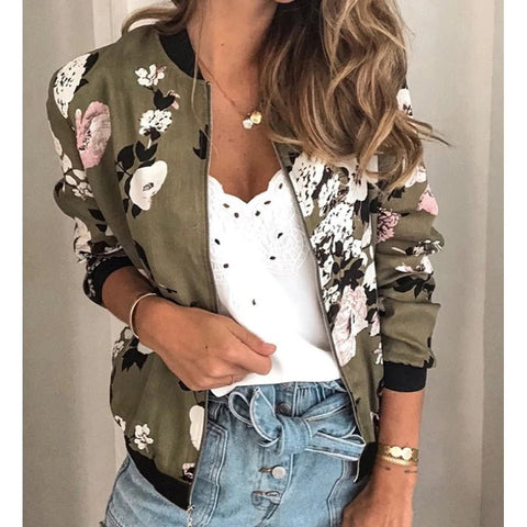 Zipper Bomber Jacket Spring Autumn Floral Printed Jackets Office Wear Slim Office Coat Retro Outwear - American Thistle Zipper Bomber Jacket Spring Autumn Floral Printed Jackets Office Wear Slim Office Coat Retro Outwear