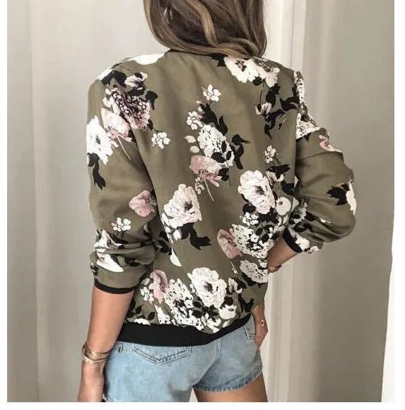 Zipper Bomber Jacket Spring Autumn Floral Printed Jackets Office Wear Slim Office Coat Retro Outwear - American Thistle Zipper Bomber Jacket Spring Autumn Floral Printed Jackets Office Wear Slim Office Coat Retro Outwear