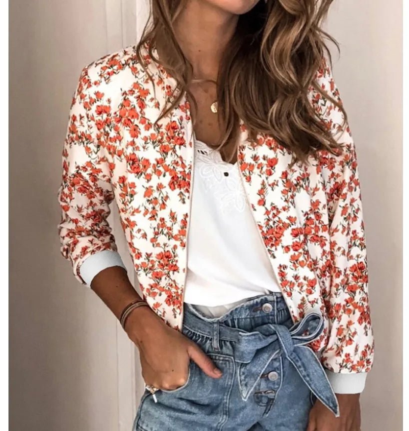 Zipper Bomber Jacket Spring Autumn Floral Printed Jackets Office Wear Slim Office Coat Retro Outwear - American Thistle Zipper Bomber Jacket Spring Autumn Floral Printed Jackets Office Wear Slim Office Coat Retro Outwear