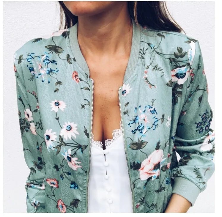 Zipper Bomber Jacket Spring Autumn Floral Printed Jackets Office Wear Slim Office Coat Retro Outwear - American Thistle Zipper Bomber Jacket Spring Autumn Floral Printed Jackets Office Wear Slim Office Coat Retro Outwear