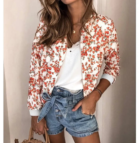 Zipper Bomber Jacket Spring Autumn Floral Printed Jackets Office Wear Slim Office Coat Retro Outwear - American Thistle Zipper Bomber Jacket Spring Autumn Floral Printed Jackets Office Wear Slim Office Coat Retro Outwear